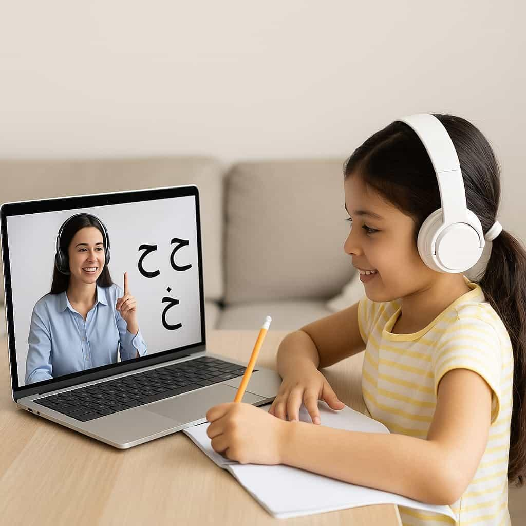 Child learning Arabic online with a teacher and Arabic letters on screen