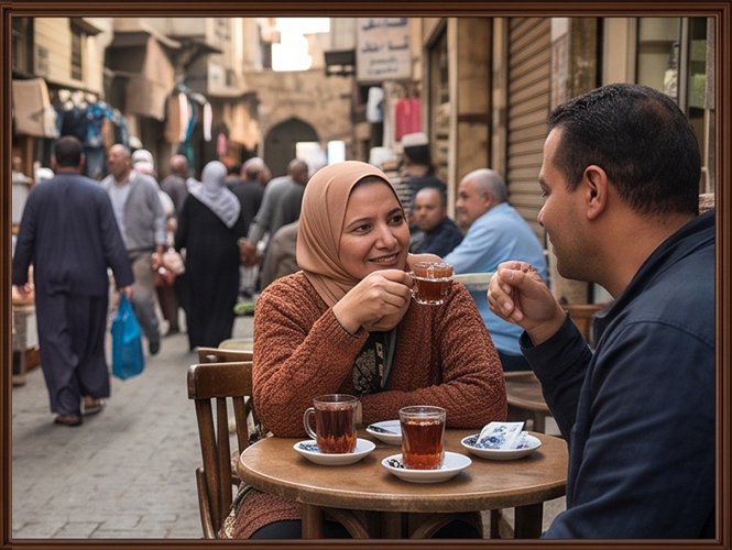 Egyptian Arabic conversation between two people in a Cairo cafe