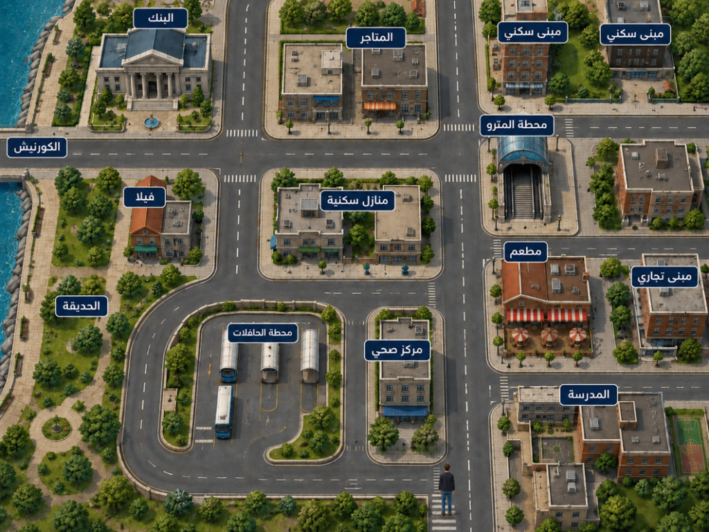 Illustrated city map showing common places and directions