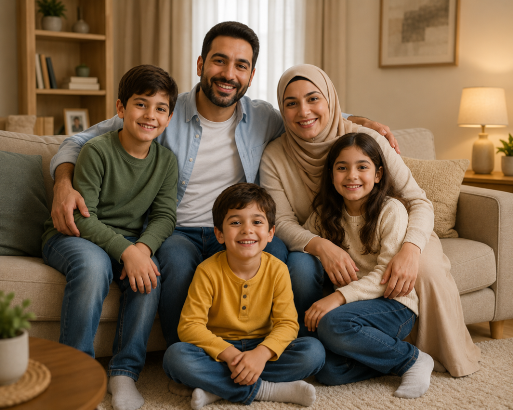 Family of five sitting together at home