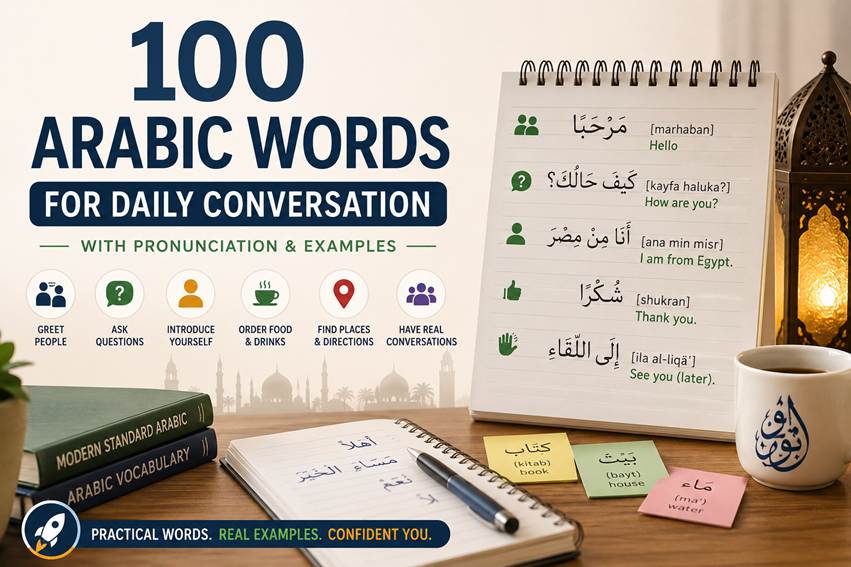 100 Arabic words for daily conversation with pronunciation and examples